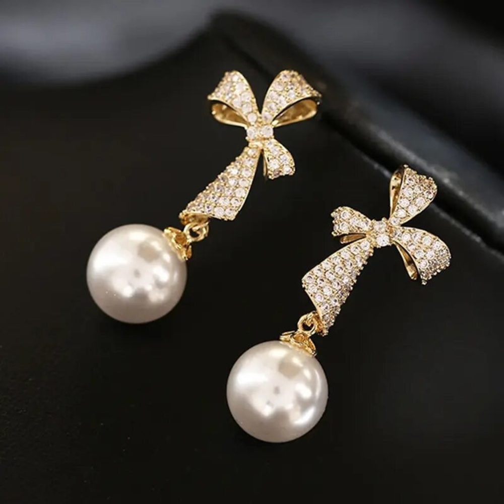 NEW 14K Gold Plated Diamond Bow Pearl Stud Earrings